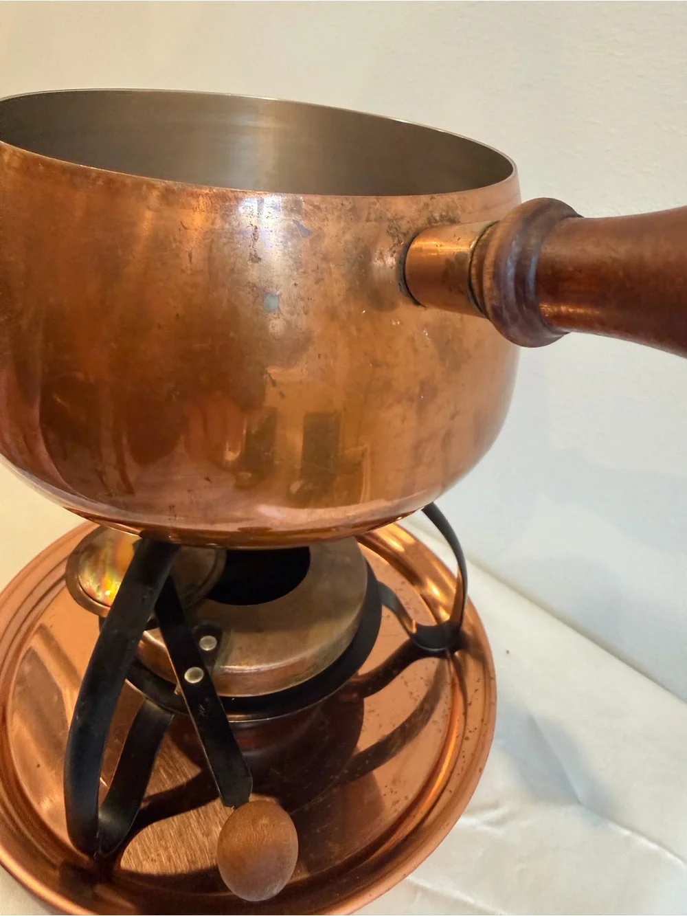Copper Fondue Pot with Wood Handle - Copper Finish- Vintage